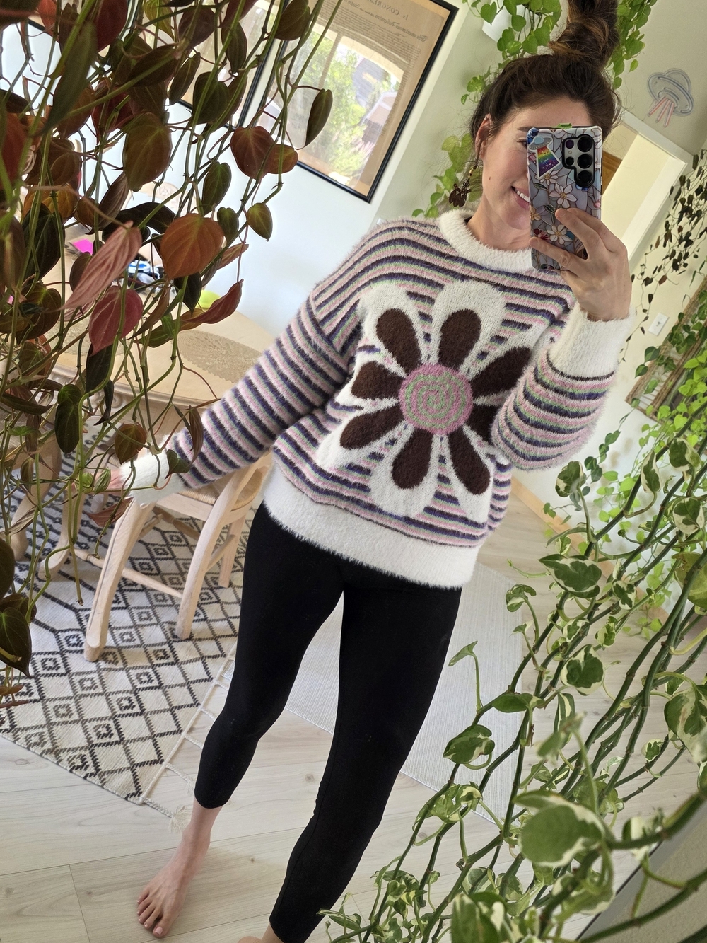 Forever 21 Fuzzy Striped Groovy Floral Graphic Thick Crew Neck Sweater Small